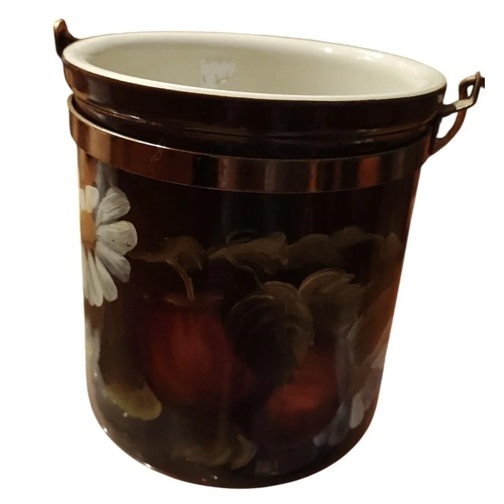 Vintage Hull Pottery 302 Brown Ceramic Ice Bucket Hand Painted Apples Daisy USA